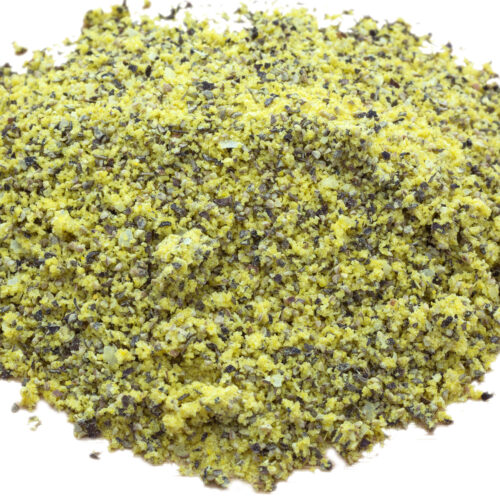 Lemon pepper, exquisita mezcla de ralladura de piel de limón y pimienta negra molida.