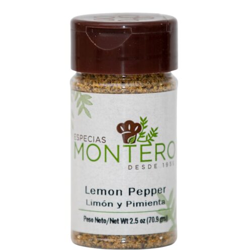 Lemon pepper, exquisita mezcla de ralladura de piel de limón y pimienta negra molida.